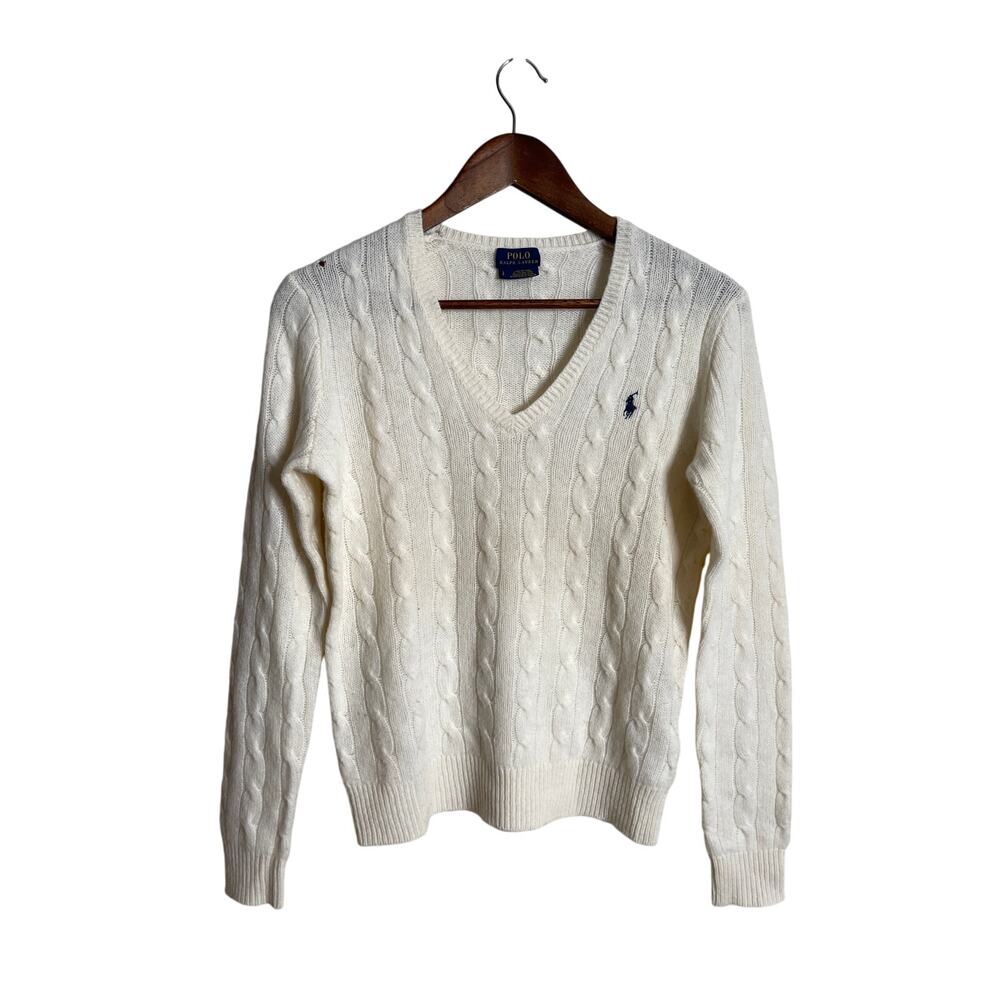 Polo Ralph Lauren Wool Cashmere Cable Knit Sweater Cream Womans Small (FLAWED)